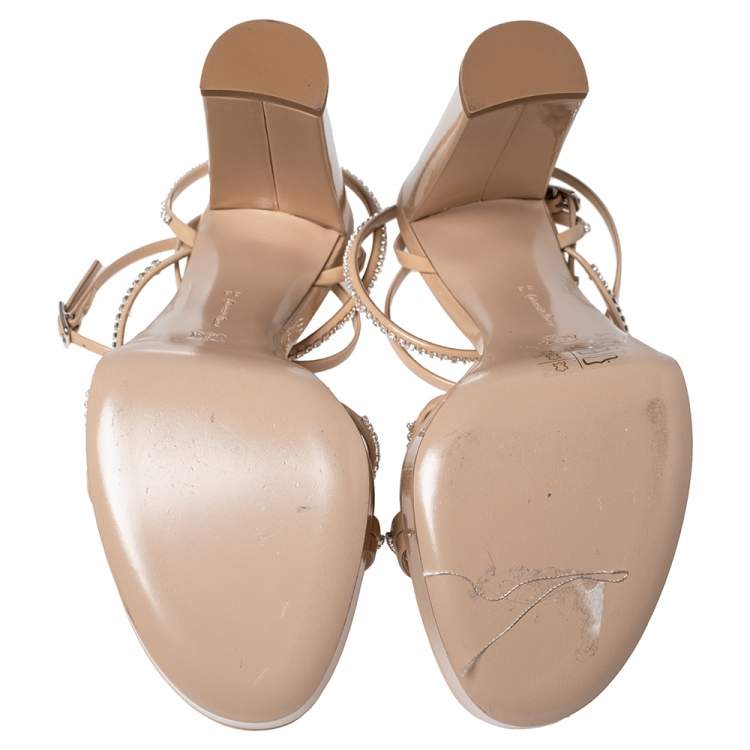 Pre Owned Gianvito Rossi Beige Patent Leather Crystal Embellished Ankle Strap Platform Sandals Size 38