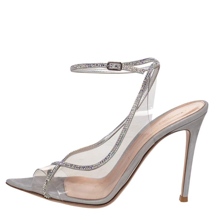 Pre Owned Gianvito Rossi Silver Shimmer Leather And PVC Crystelle Embellished Ankle Strap Sandals Size 38.5