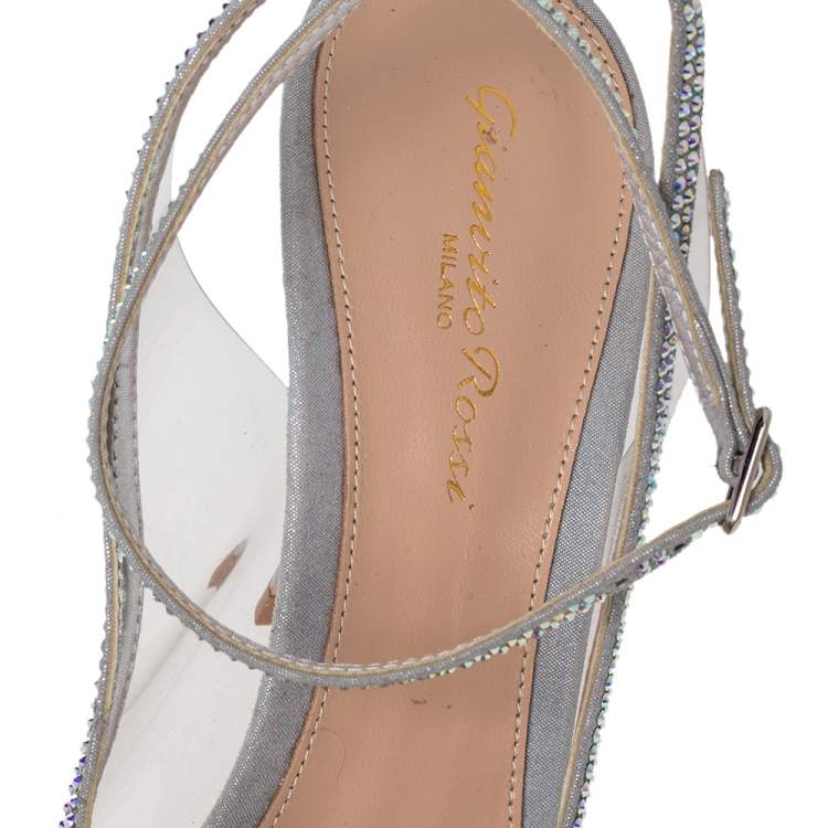 Pre Owned Gianvito Rossi Silver Shimmer Leather And PVC Crystelle Embellished Ankle Strap Sandals Size 38.5