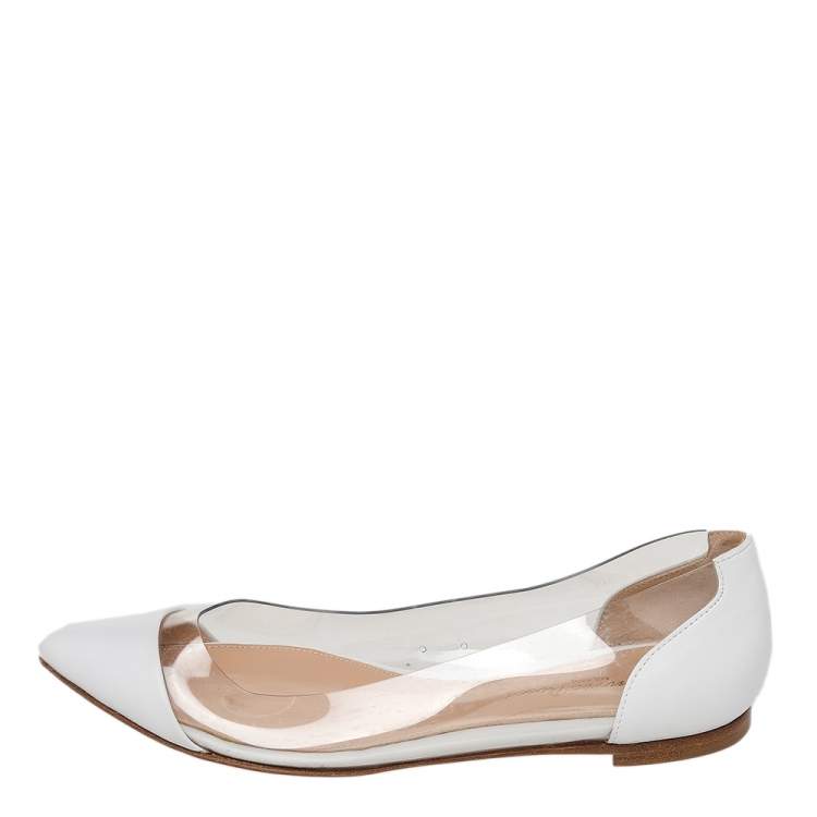 Pre Owned Gianvito Rossi White Leather And PVC Plexi Pointed Toe Ballet Flats Size 35