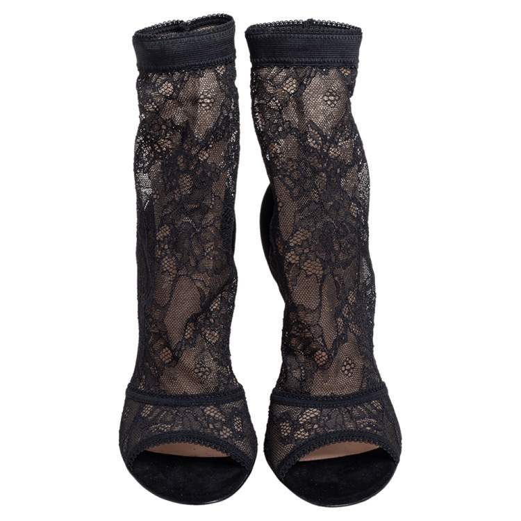 Pre Owned Gianvito Rossi Black Lace and Suede Missy Open Toe Ankle Boots Size Size 38.5