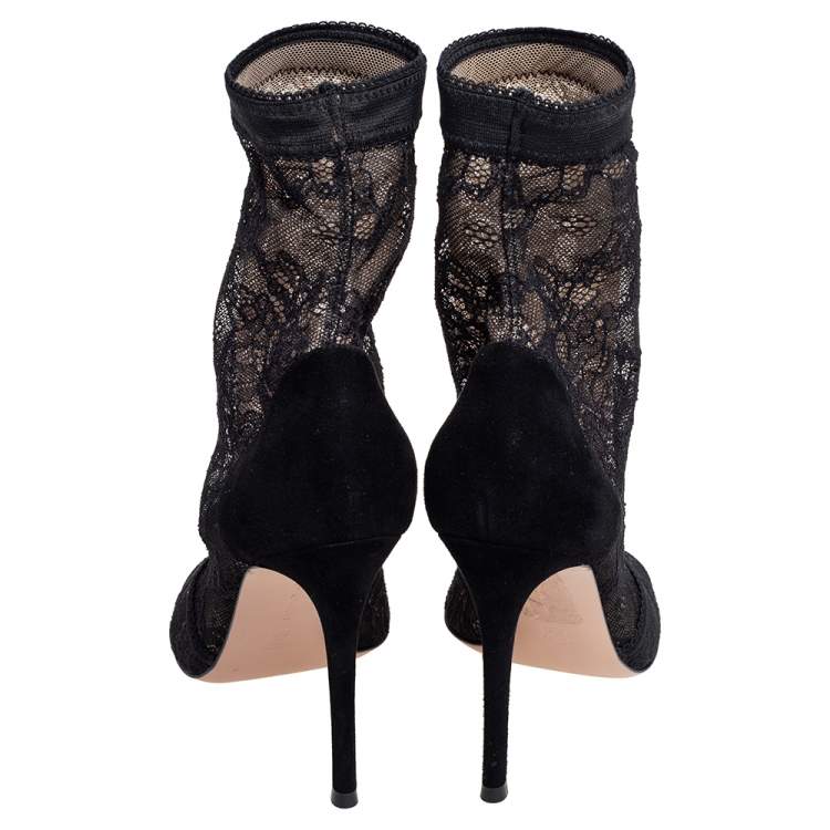 Pre Owned Gianvito Rossi Black Lace and Suede Missy Open Toe Ankle Boots Size Size 38.5