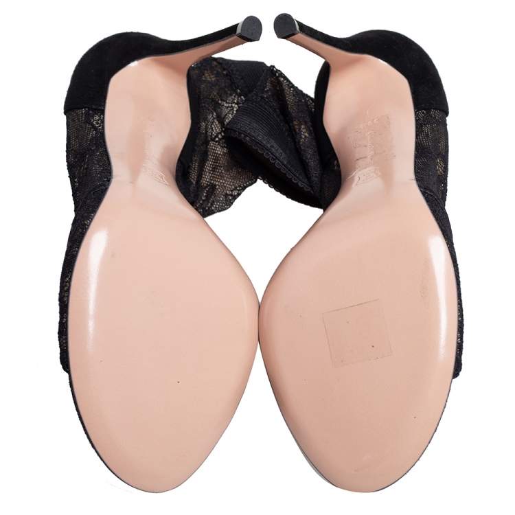 Pre Owned Gianvito Rossi Black Lace and Suede Missy Open Toe Ankle Boots Size Size 38.5