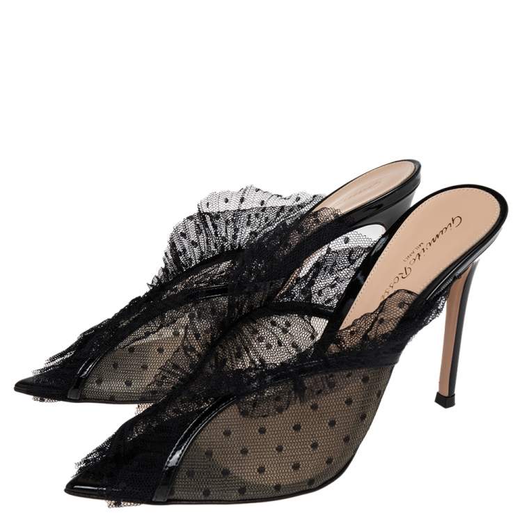 Pre Owned Gianvito Rossi Black Lace And Mesh Ofelia Mules Size 38.5