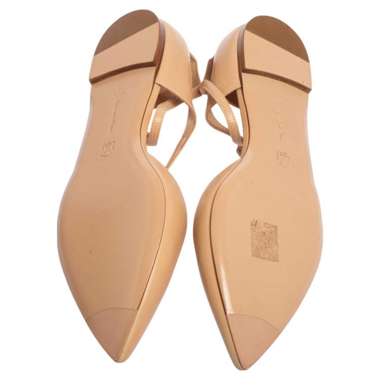 Pre Owned Gianvito Rossi Beige Leather D'Orsay Ankle Strap Flats Size 38.5