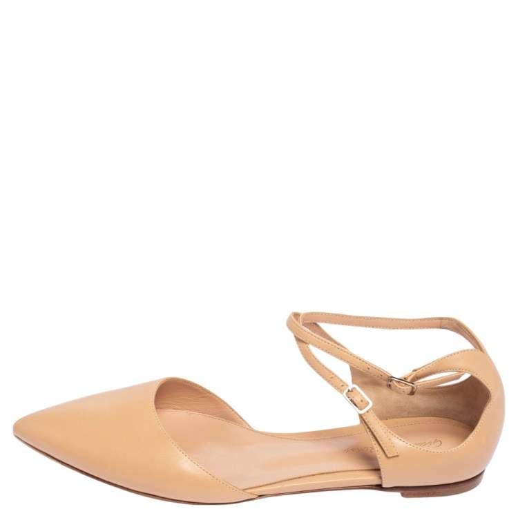 Pre Owned Gianvito Rossi Beige Leather D'Orsay Ankle Strap Flats Size 38.5