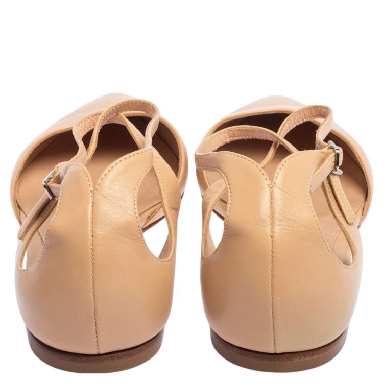 Pre Owned Gianvito Rossi Beige Leather D'Orsay Ankle Strap Flats Size 38.5