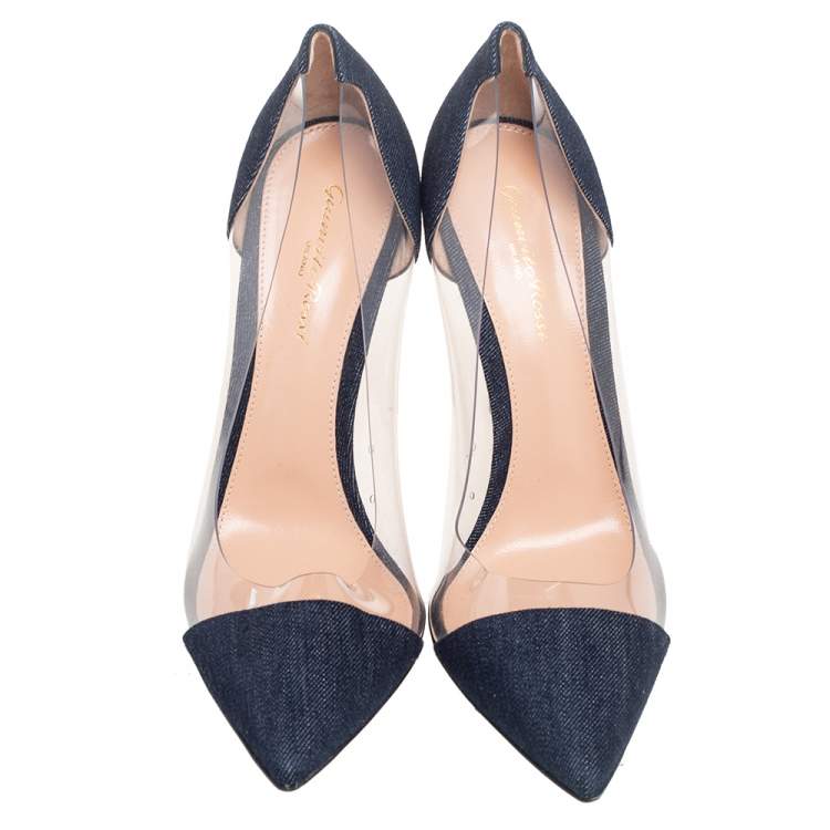 Pre Owned Gianvito Rossi Navy Blue Denim And PVC Plexi Pointed Toe Pumps Size 40