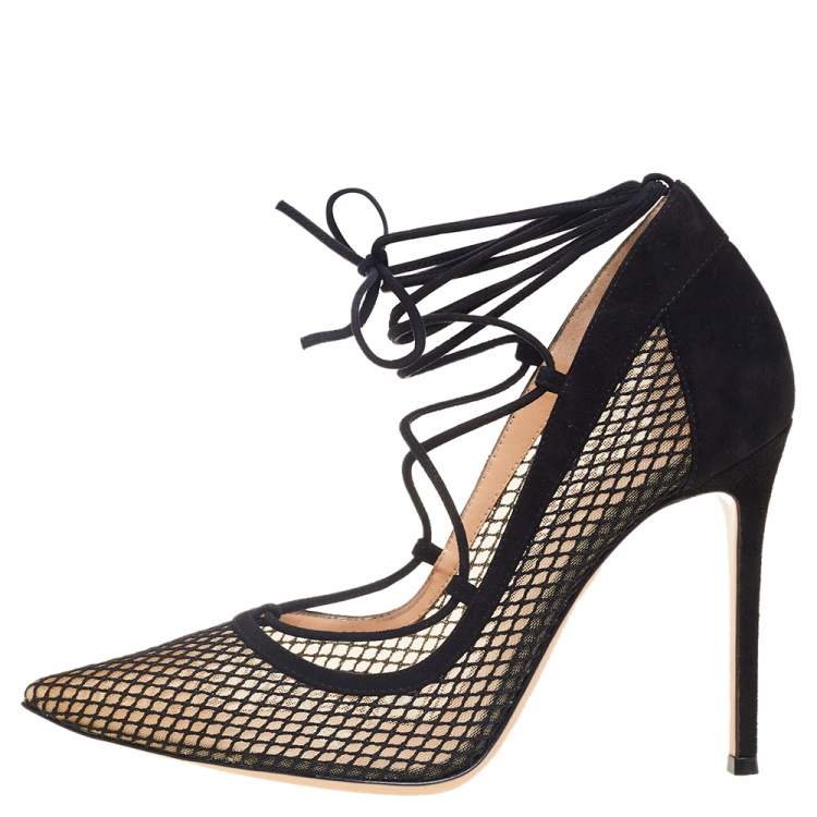 Pre Owned Gianvito Rossi Black Suede and Mesh Pointed-Toe Ankle-Tie Pumps Size 39
