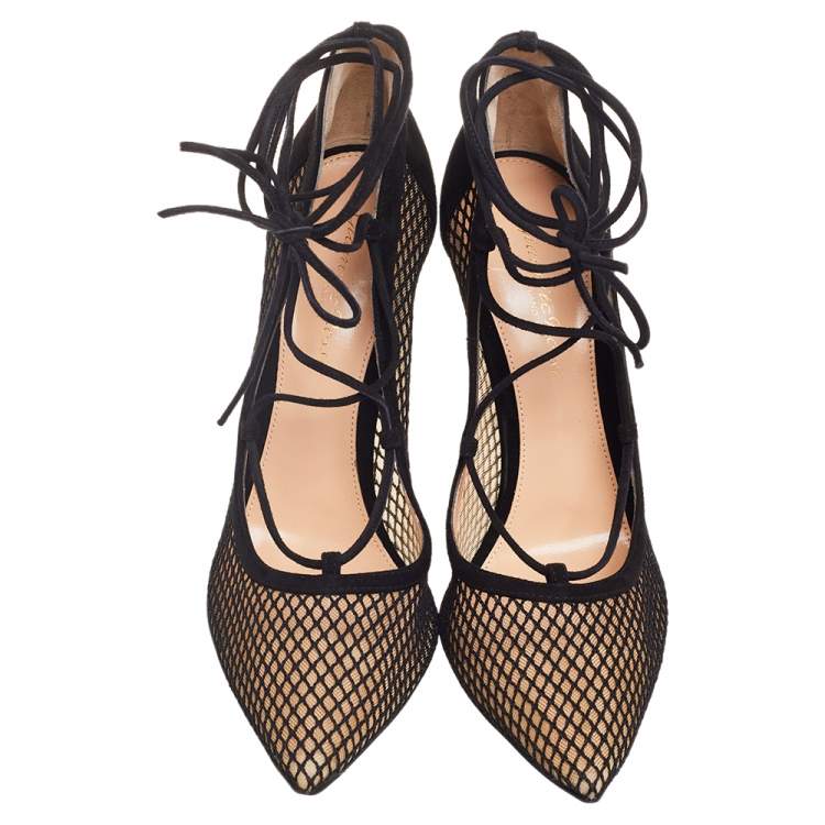 Pre Owned Gianvito Rossi Black Suede and Mesh Pointed-Toe Ankle-Tie Pumps Size 39