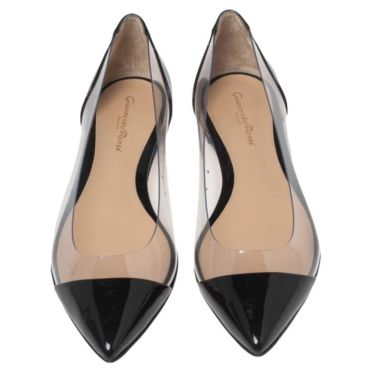 Pre Owned Gianvito Rossi Black Patent Leather And PVC Plexi Ballet Flats Size 38.5