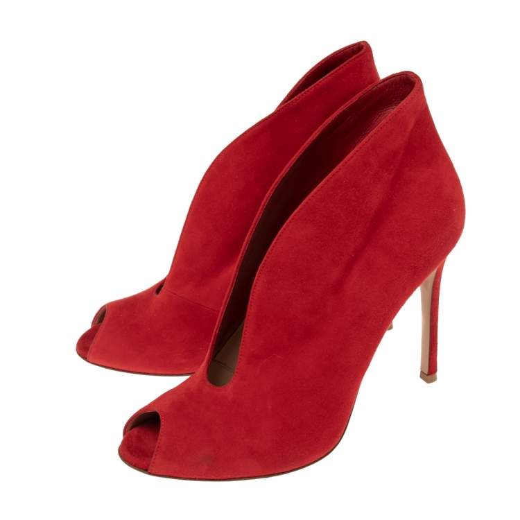 Pre Owned Gianvito Rossi Red Suede Vamp Booties Size 38.6