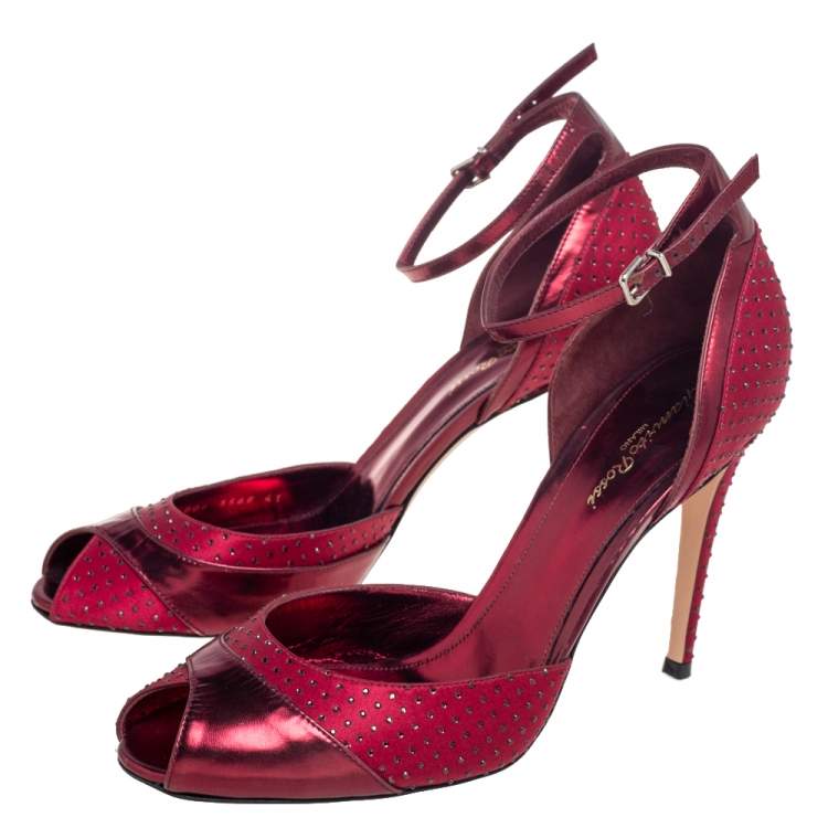 Pre Owned Gianvito Rossi Burgundy Satin And Leather Ankle Strap Sandals Size 41