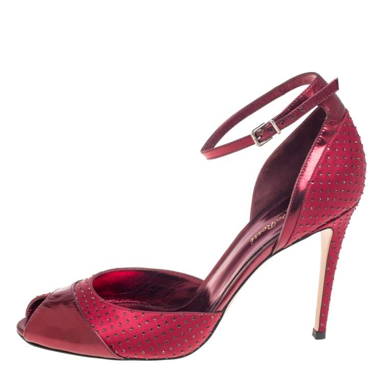 Pre Owned Gianvito Rossi Burgundy Satin And Leather Ankle Strap Sandals Size 41