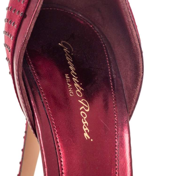 Pre Owned Gianvito Rossi Burgundy Satin And Leather Ankle Strap Sandals Size 41