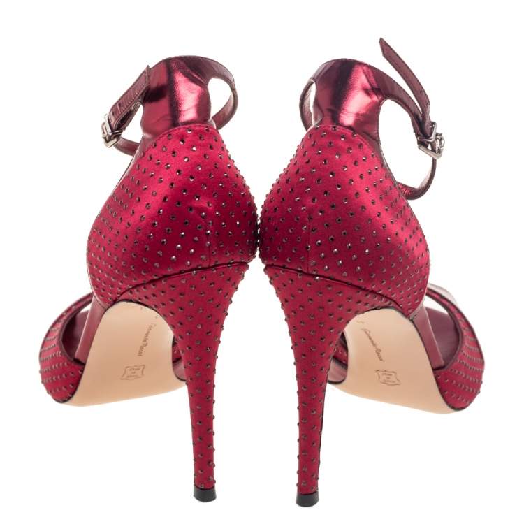 Pre Owned Gianvito Rossi Burgundy Satin And Leather Ankle Strap Sandals Size 41