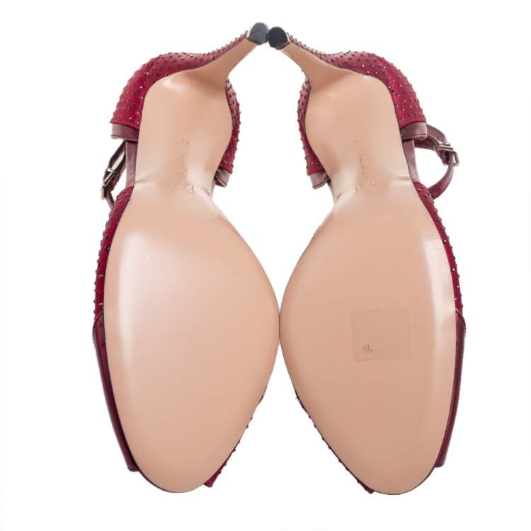 Pre Owned Gianvito Rossi Burgundy Satin And Leather Ankle Strap Sandals Size 41