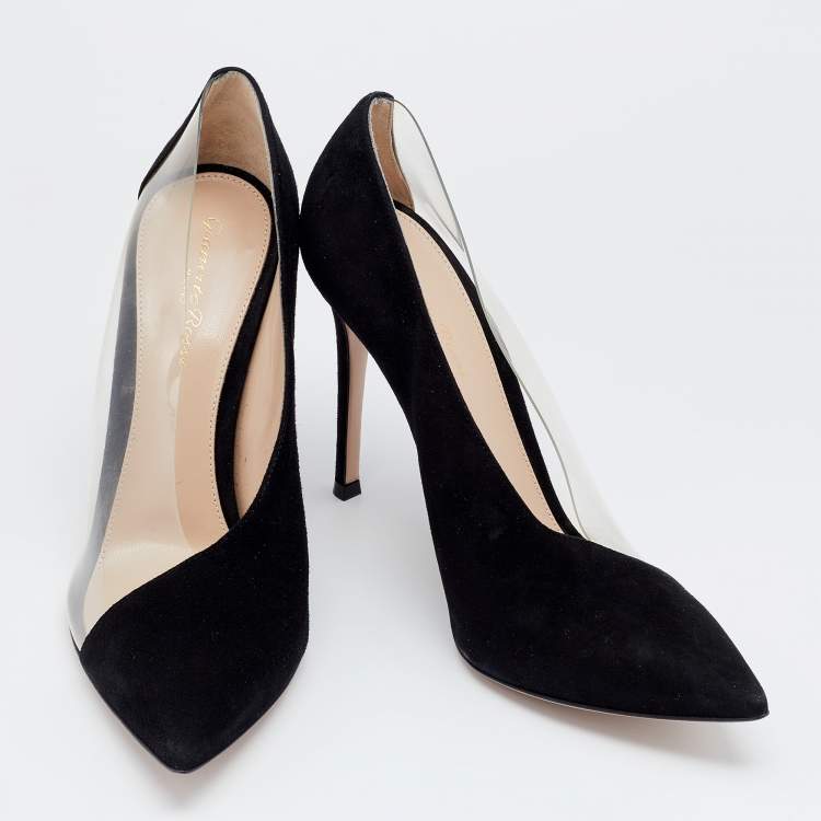 Pre Owned Gianvito Rossi Black Suede And PVC Plexi Pointed Toe Pumps Size 39