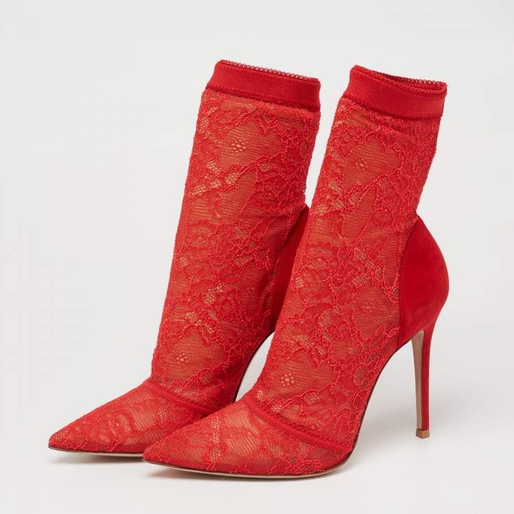 Gianvito Rossi Red Lace And Suede Pointed Ankle Booties Size 39 Gianvito Rossi TLC