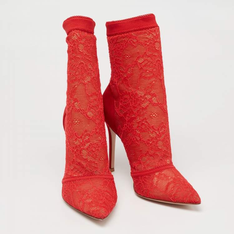 Pre Owned Gianvito Rossi Red Lace And Suede Pointed Ankle Booties Size 39