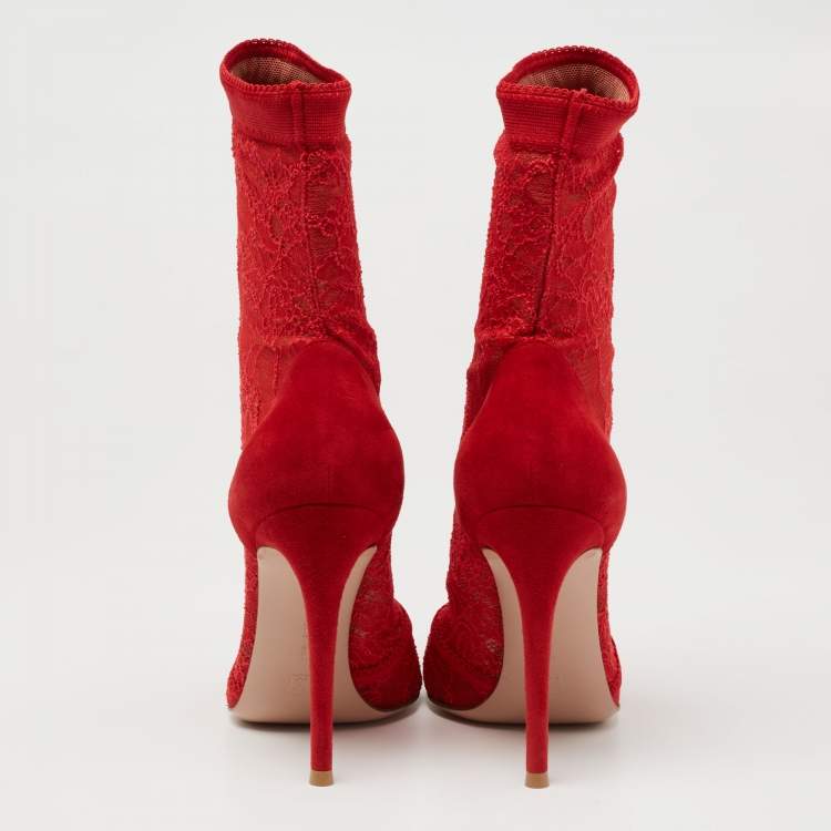 Pre Owned Gianvito Rossi Red Lace And Suede Pointed Ankle Booties Size 39