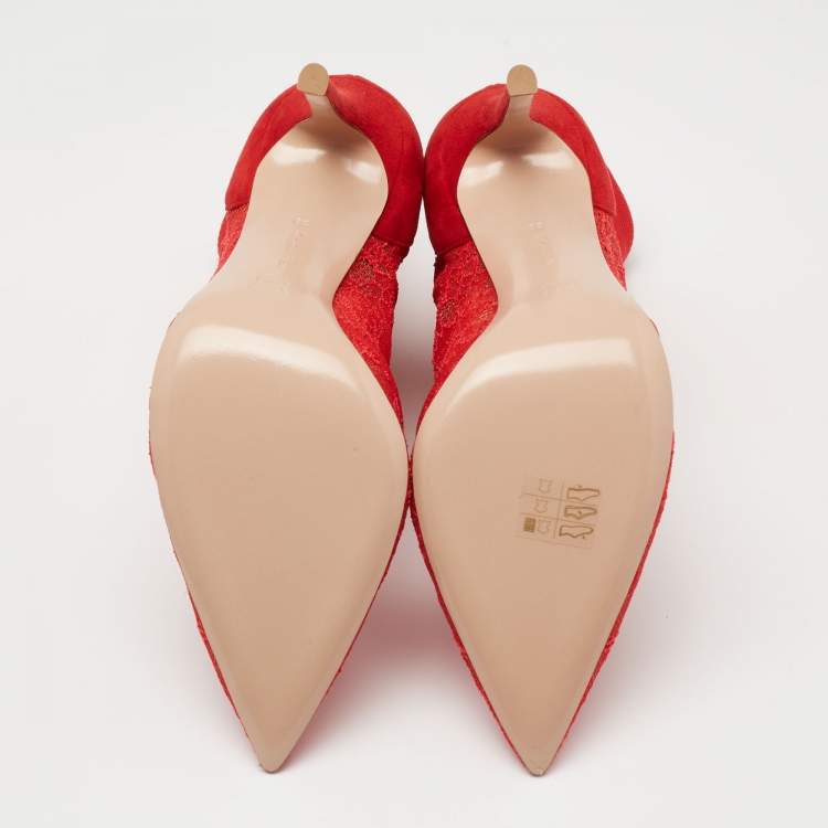 Pre Owned Gianvito Rossi Red Lace And Suede Pointed Ankle Booties Size 39