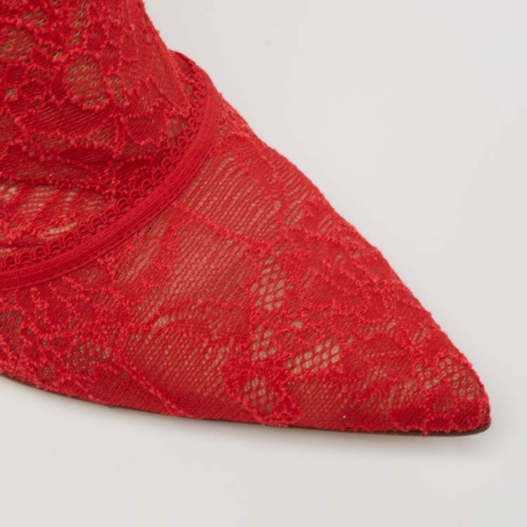 Pre Owned Gianvito Rossi Red Lace And Suede Pointed Ankle Booties Size 39