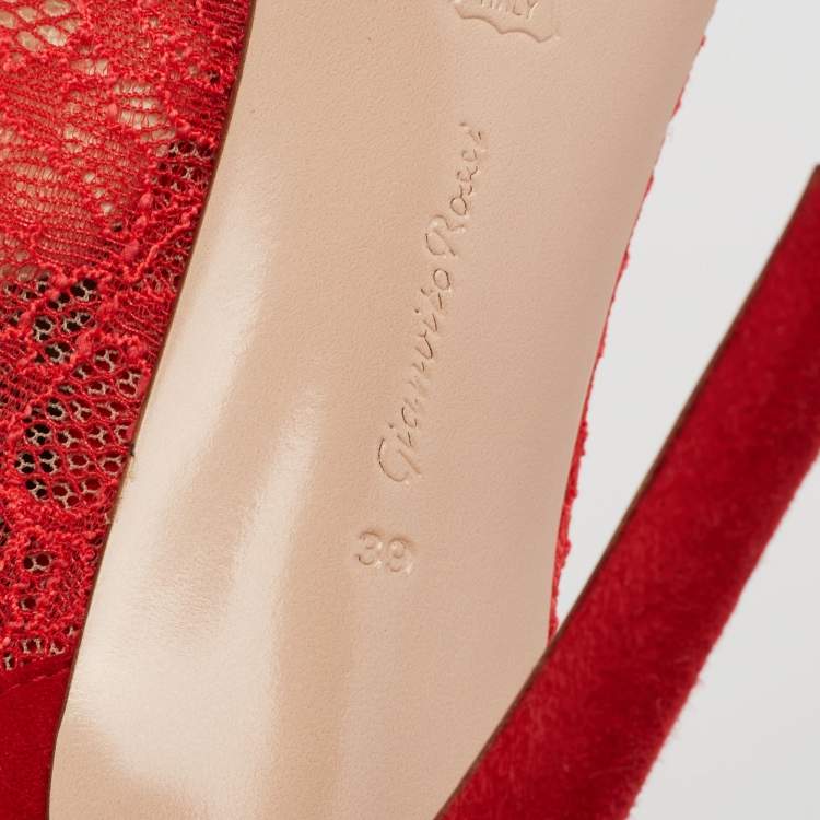 Pre Owned Gianvito Rossi Red Lace And Suede Pointed Ankle Booties Size 39