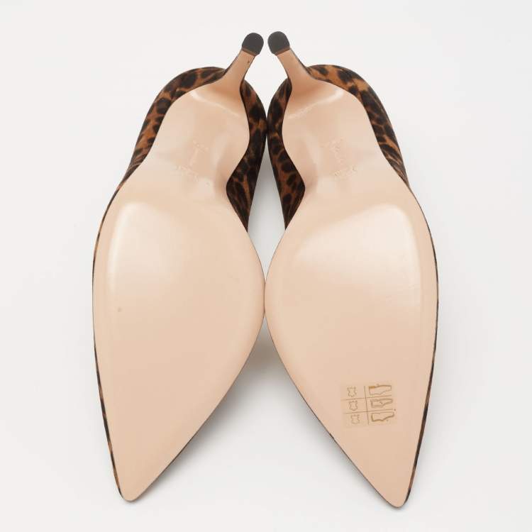 Pre Owned Gianvito Rossi Brown/Black Leopard Print Nubuck Leather Pointed-Toe Pumps Size 38.5