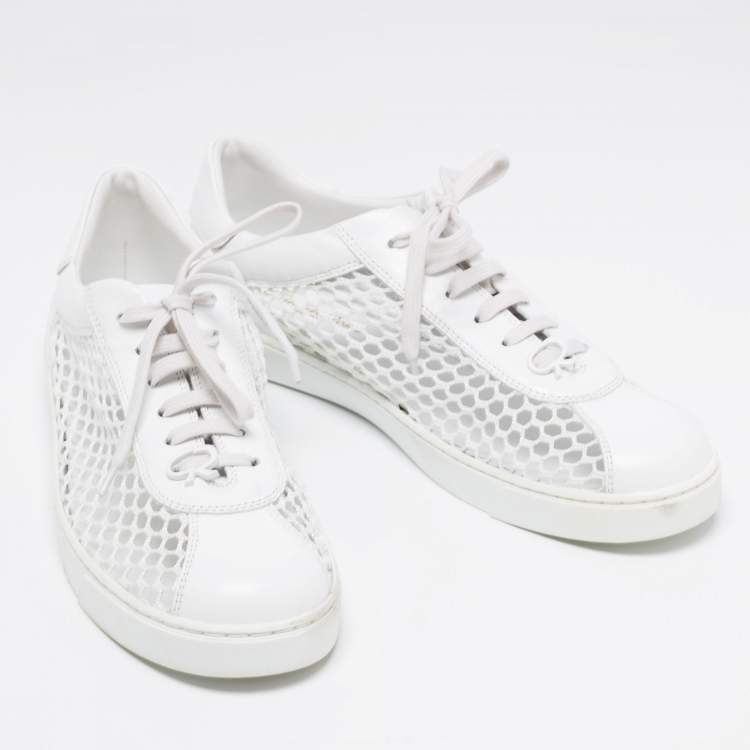 Pre Owned Gianvito Rossi White Leather and Fish Net Panel Low-Top Sneakers Size 40.5
