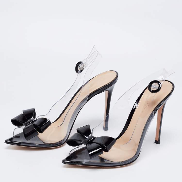 Pre Owned Gianvito Rossi Black/Transparent PVC And Patent Leather Flexi Bow Ankle Strap Sandals Size 38