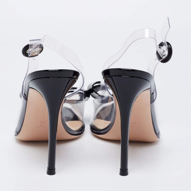 Pre Owned Gianvito Rossi Black/Transparent PVC And Patent Leather Flexi Bow Ankle Strap Sandals Size 38