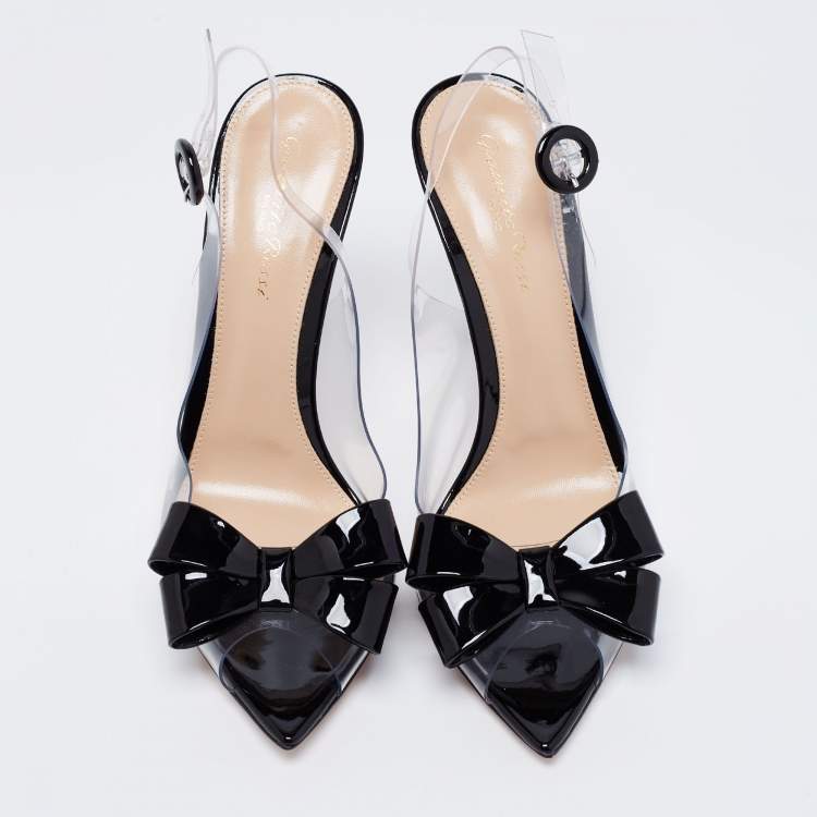 Pre Owned Gianvito Rossi Black/Transparent PVC And Patent Leather Flexi Bow Ankle Strap Sandals Size 38