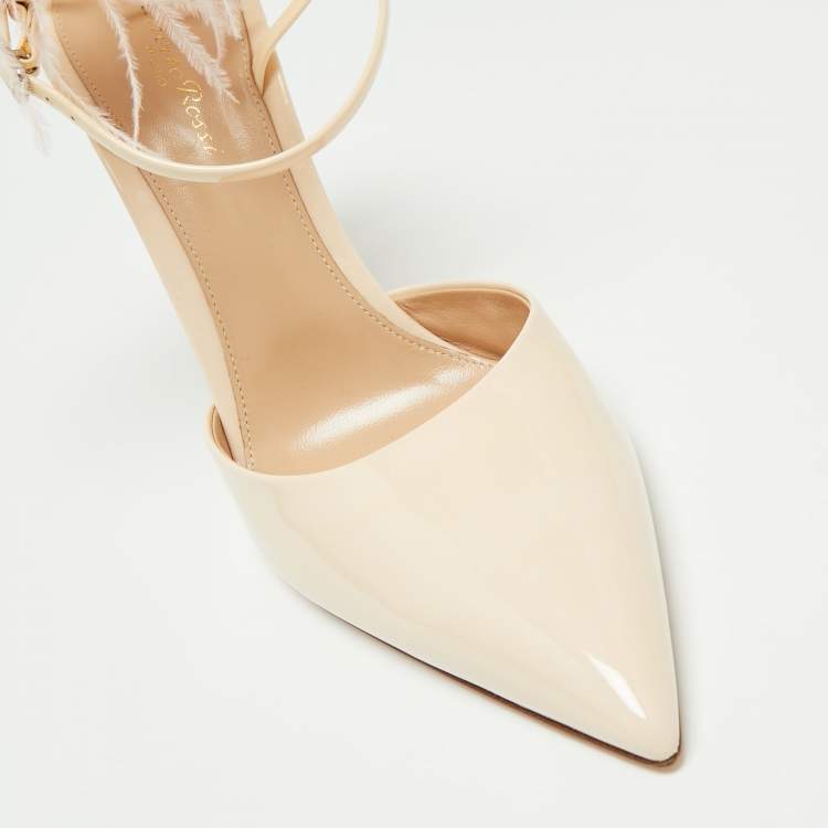 Pre Owned Gianvito Rossi Light Beige Patent Leather Simmone Feather Ankle Strap Sandals Size 41