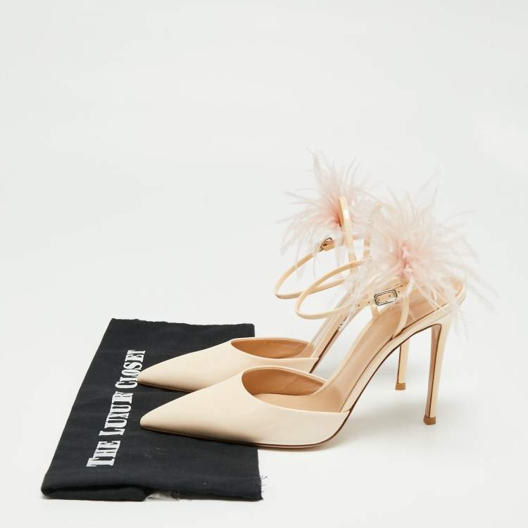 Pre Owned Gianvito Rossi Light Beige Patent Leather Simmone Feather Ankle Strap Sandals Size 41