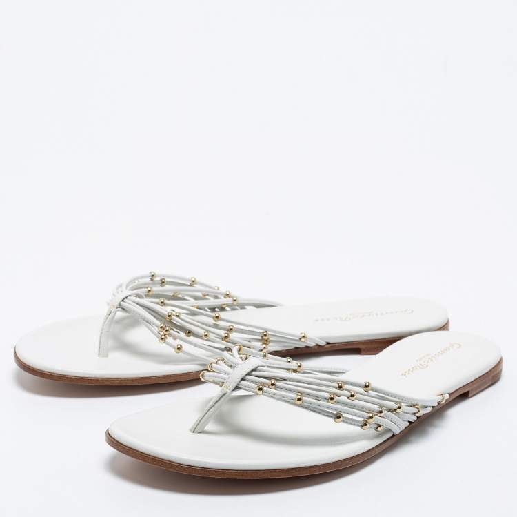 Pre Owned Gianvito Rossi White Leather Strappy Thong Flat Size 37