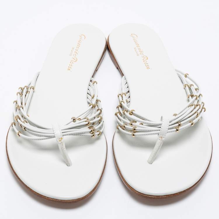 Pre Owned Gianvito Rossi White Leather Strappy Thong Flat Size 37