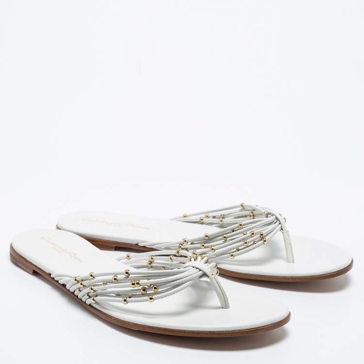 Pre Owned Gianvito Rossi White Leather Strappy Thong Flat Size 37