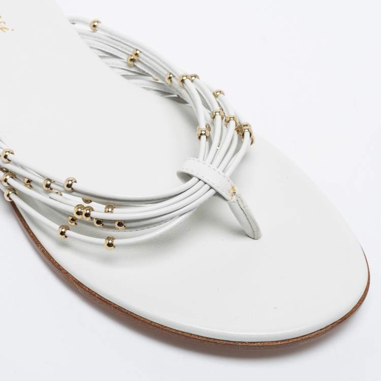 Pre Owned Gianvito Rossi White Leather Strappy Thong Flat Size 37