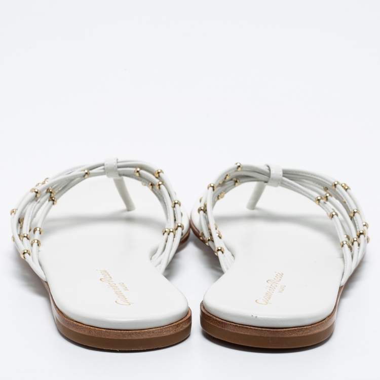 Pre Owned Gianvito Rossi White Leather Strappy Thong Flat Size 37