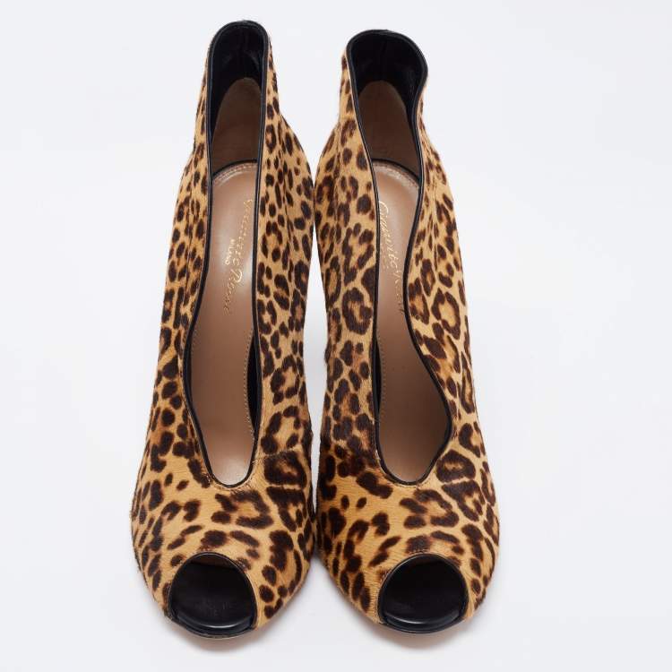 Pre Owned Gianvito Rossi Beige/Brown Leopard Print Calf Hair Vamp Booties Size 39.5