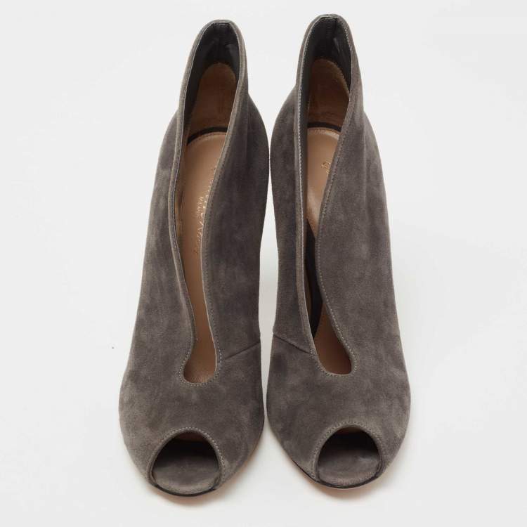 Pre Owned Gianvito Rossi Grey Suede Vamp Peep Toe Booties Size 39.5