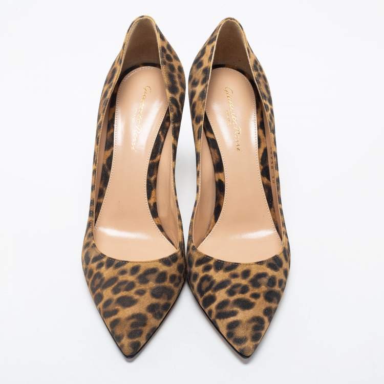 Pre Owned Gianvito Rossi Brown Leopard Print Suede Pointed Toe Pumps Size 38
