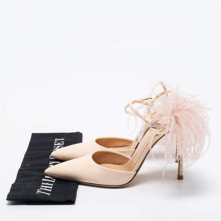 Pre Owned Gianvito Rossi Beige Patent Leather Simmone Feather Ankle Strap Pumps Size 36