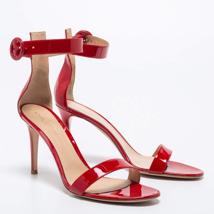 Pre Owned Gianvito Rossi Red Patent Leather Ankle Cuff Sandals Size 41
