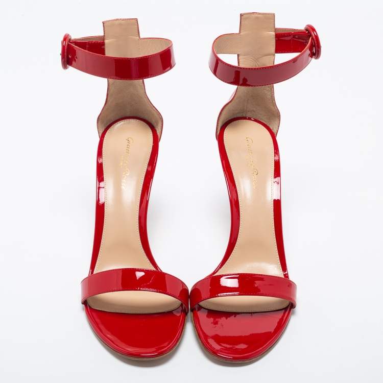 Pre Owned Gianvito Rossi Red Patent Leather Ankle Cuff Sandals Size 41