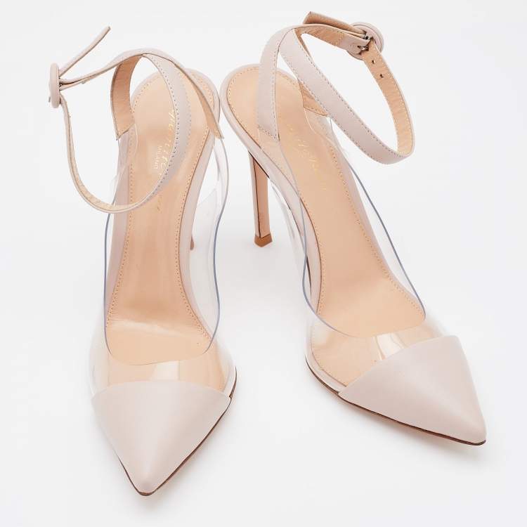 Pre Owned Gianvito Rossi Light Beige Leather And PVC Anise Pointed Toe Ankle Strap Sandals Size 37.5