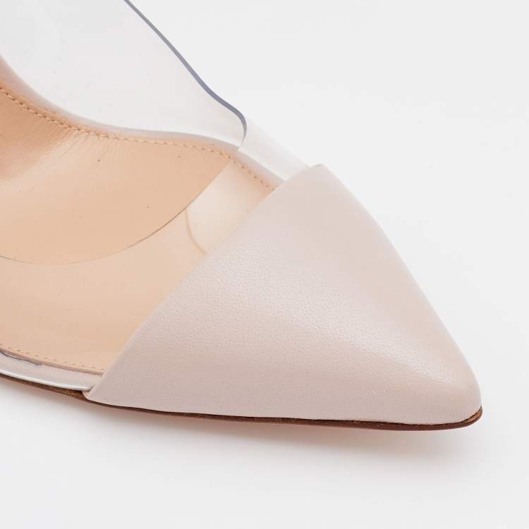 Pre Owned Gianvito Rossi Light Beige Leather And PVC Anise Pointed Toe Ankle Strap Sandals Size 37.5