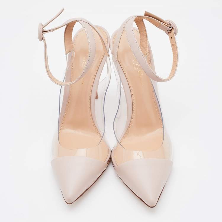 Pre Owned Gianvito Rossi Light Beige Leather And PVC Anise Pointed Toe Ankle Strap Sandals Size 37.5