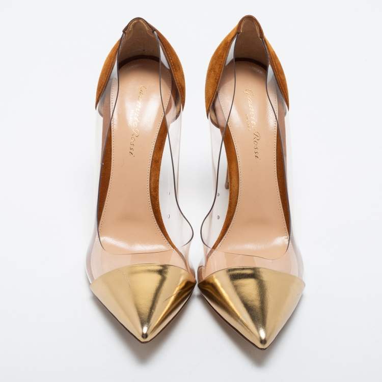 Pre Owned Gianvito Rossi Brown/Gold PVC and Leather Plexi  Pumps Size 39